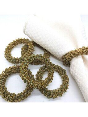 Gold Beaded & Metal Napkin Rings Handcrafted Fancy Vintage Table DecorSet of 6